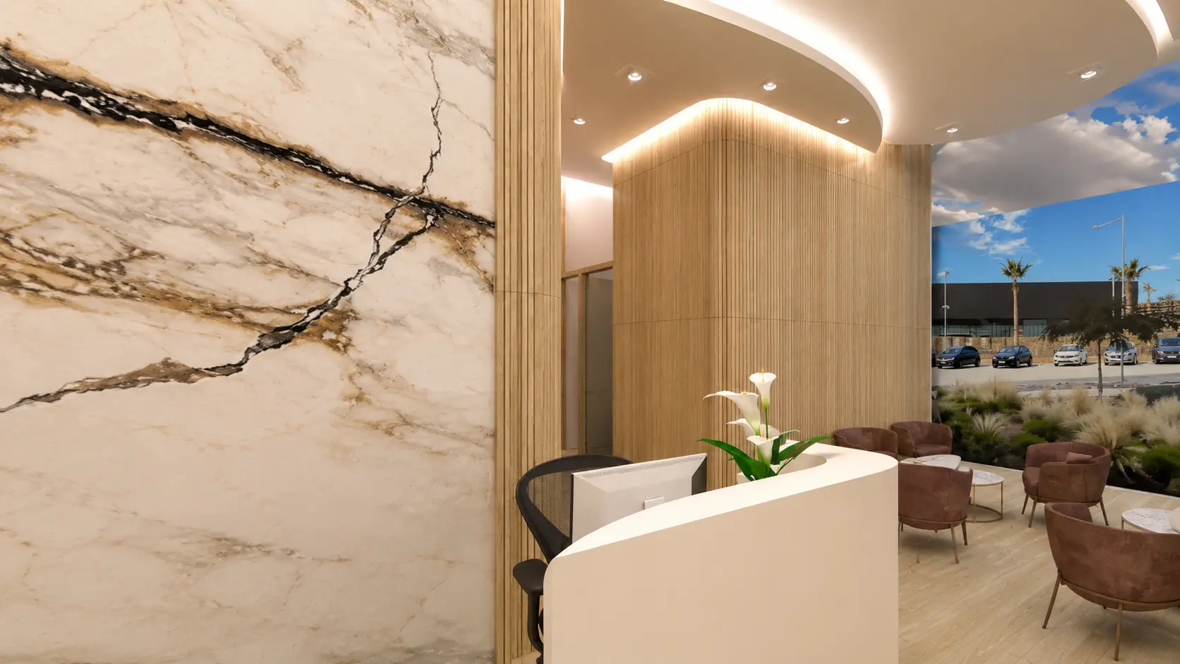Detalle de la recepción con muro de mármol y carpintería en madera